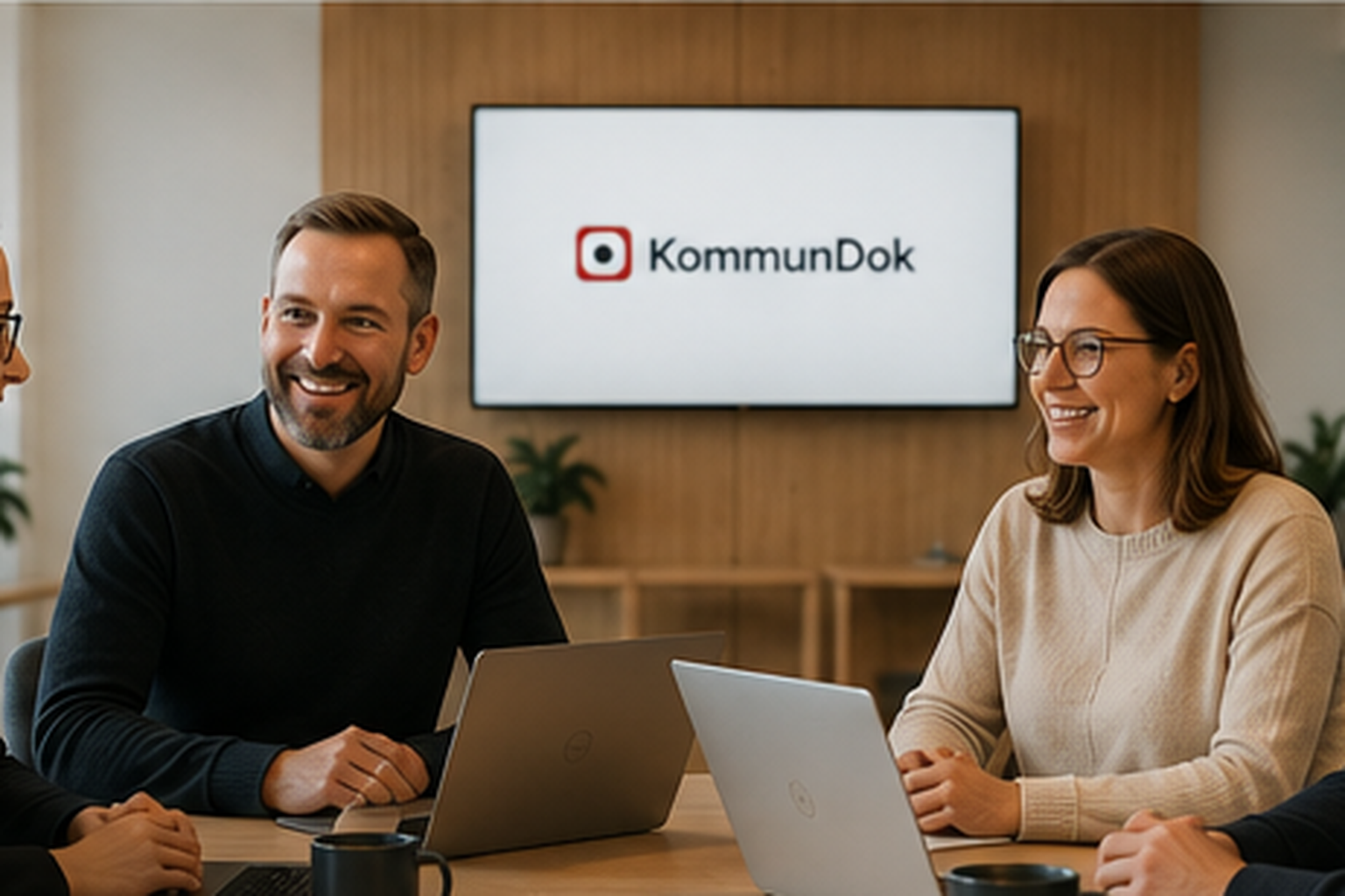 Internt kommunalt möte med flera medarbetare och en skärm med KommunDok i bakgrunden