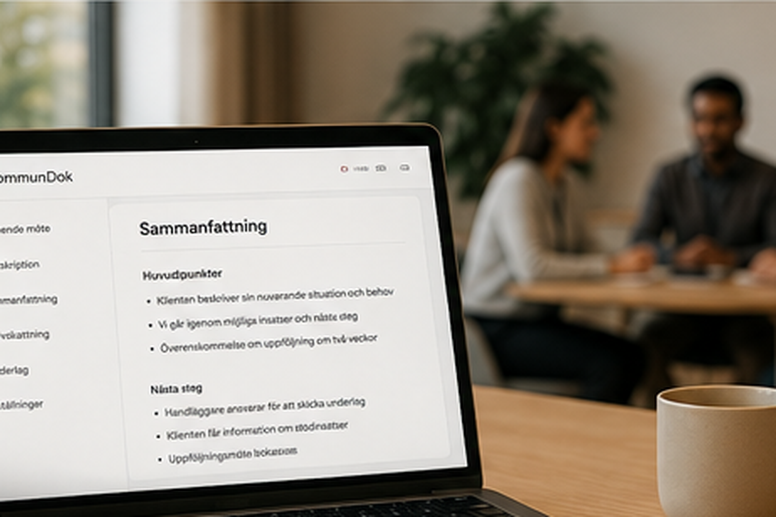 Laptop med KommunDok i förgrunden och ett möte diskret i bakgrunden